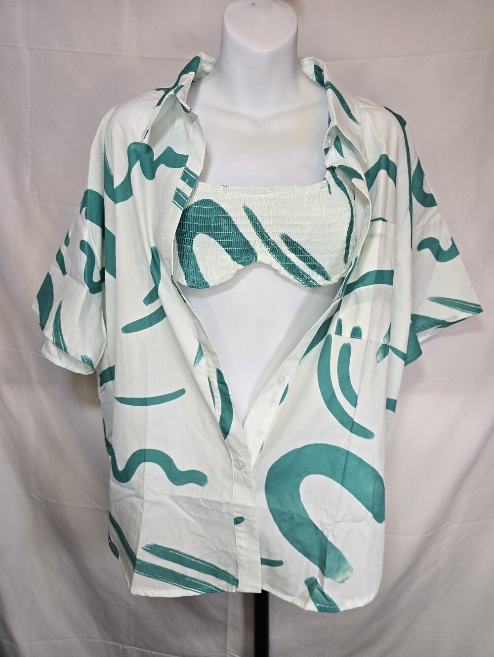 Teal Short Sleeve Button Down Blouse with Bralette
